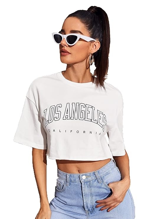 Avanova Women Los Angeles Graphic Distressed Oversized Crop Top Short Sleeve Ripped Boxy Loose Tee Shirt